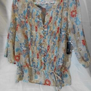 a.n.a Floral Pintuck Tie-Waist Blouse - Blue, Red & Cream